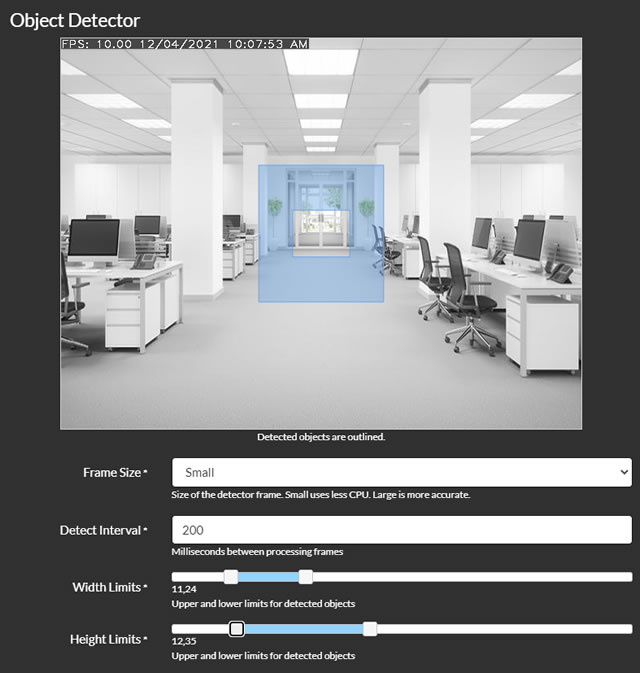 Showing object detection width and height limit overlay