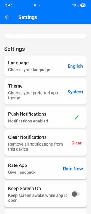 Giao diện cài đặt thông báo đẩy