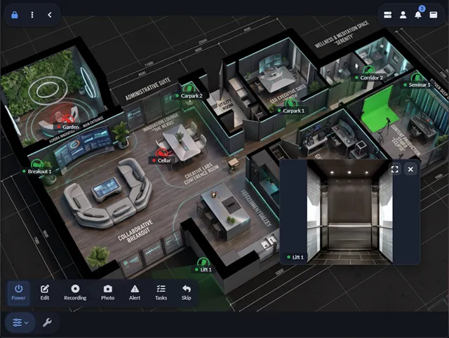 Floor plan monitoring with live alert status and live view overlay