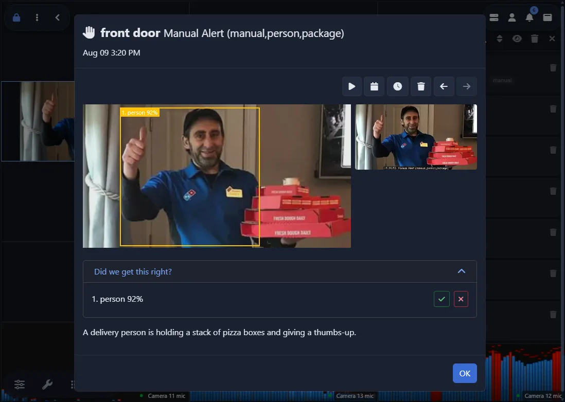 Alert display with detection boxes, video preview, feedback and AI description