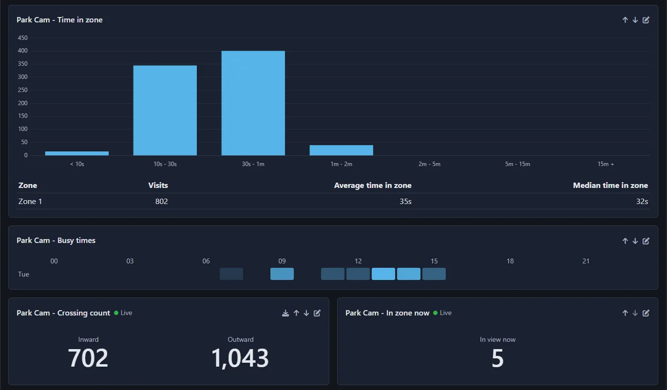 Time in zone, Busy times, Crossing count and In zone now reports