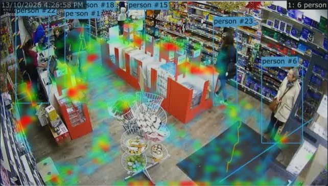 Un mapa de calor sobre una cámara de tienda que muestra dónde pasan el tiempo los clientes