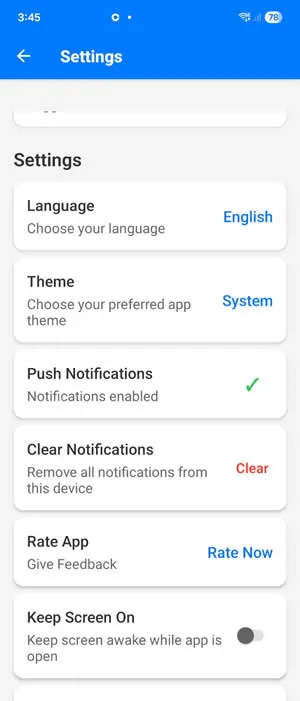 Push notification settings interface
