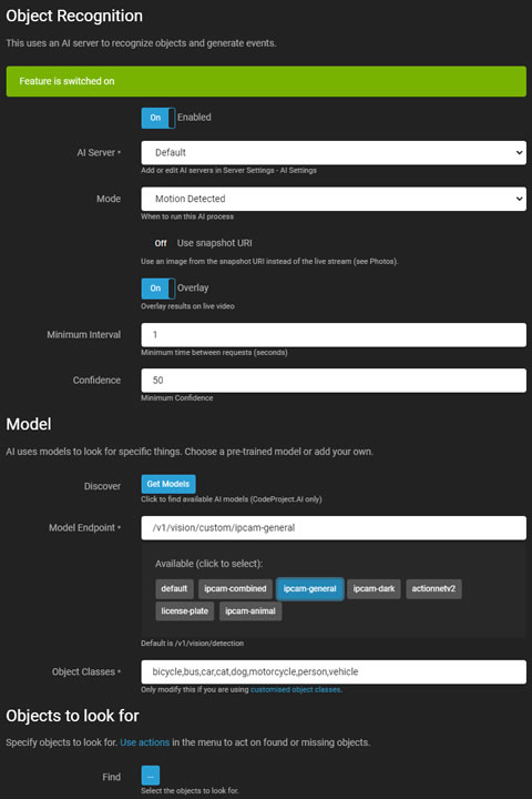 Impostazioni di Riconoscimento Oggetti AI
